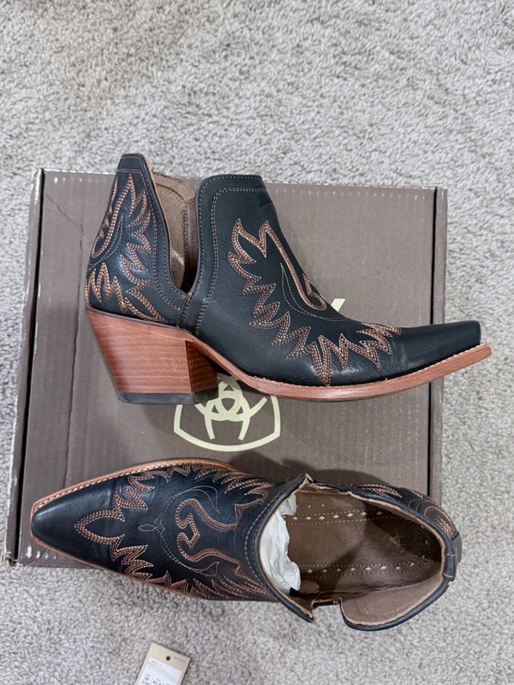 Ariat Black Leather Western Cutout Ankle Boots with Brown Stitching